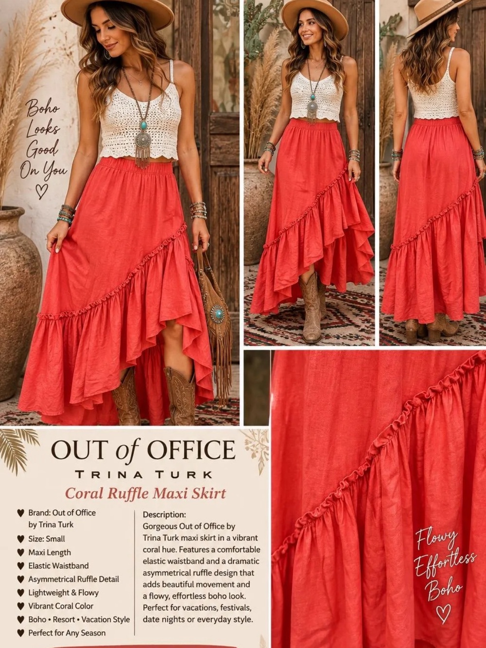 $228 Out of Office Trina Turk Coral Ruffle Maxi Skirt -Size S - Boho